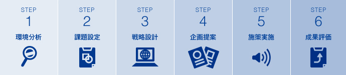 STEP1:環境分析 STEP2:課題設定 STEP3:戦略設計 STEP4:企画提案 STEP5:施策実施 STEP6:成果評価